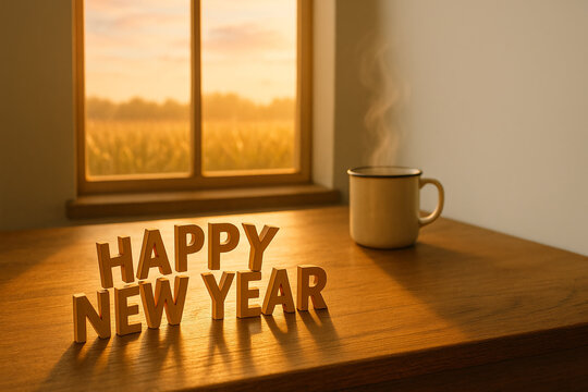 "Laser-Cut Pine &lsquo;HAPPY NEW YEAR&rsquo; on Oak Desk with Sunrise Light | 50MP Greeting Card Layout with Cream Negative Space"