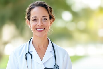 Confident Latin female doctor smiling outdoors in a casual setting