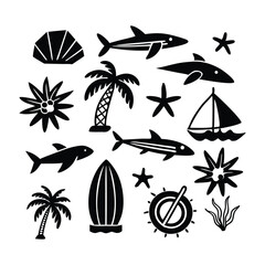Obraz premium Summer Vacation Tropical Fish, Ocean Waves, and Palm Trees Illustration