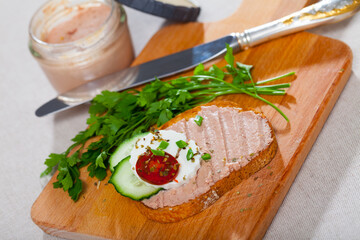 Fresh homemade meat pate on bread garnished with artisan cheese, cucumber and herbs