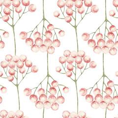Pink berries on green stems seamless watercolor pattern on white background. Hand-painted for use in textile prints, gift wrap, packaging design, branding, stationery, and seasonal decor. Minimalistic