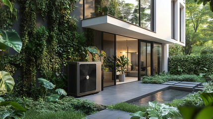 Modern house with heat pump in lush garden for sustainable living and energy efficiency design ideas
