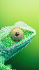 Colorful gradient background with a detailed close-up of a green chameleon