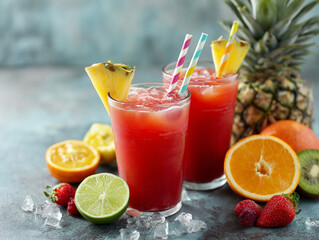 Fruit punch with tropical fruits and colorful straws