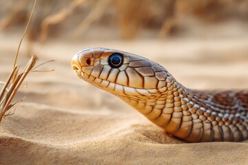 Fototapeta premium Cape cobra snake emerging from sand in desert