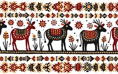 Warli or tribal art vector illustration with border for textile or interior decor. High quality