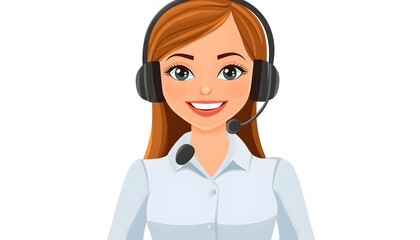 Smiling woman with headphones, ready to answer calls.