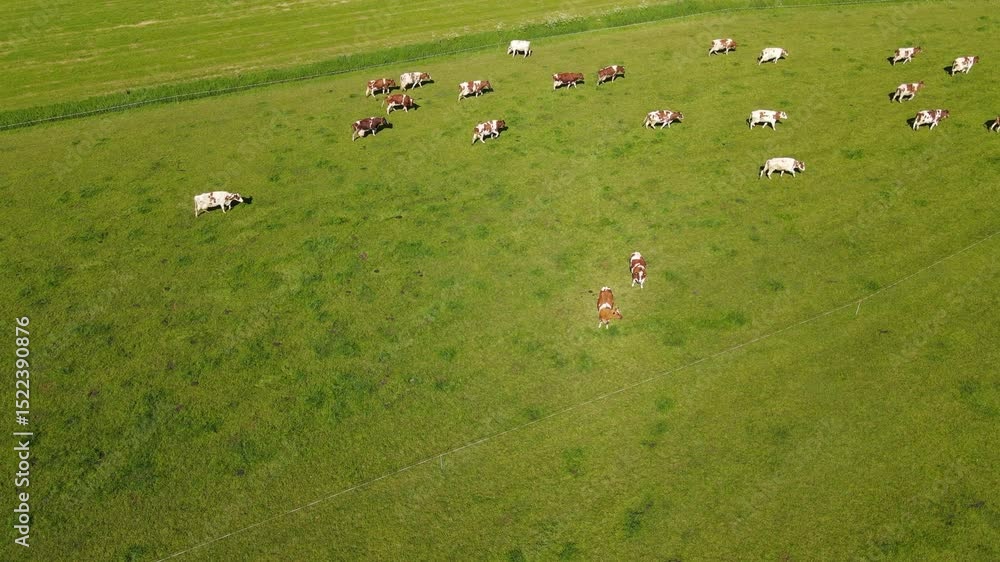 Poster drone shot of cows running on a grass field.