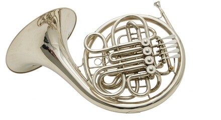 Fototapeta premium Isolated Studio Shot of a Shiny Gold Brass French Horn Musical Instrument against White Background