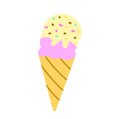 Ice cream cone. Cute Cartoon Ice Cream Cone with Sprinkles. Two Scoops of Ice Cream in a Waffle Cone Vector. Melting Ice Cream with Toppings Clip Art. Simple Pink and Yellow Dessert Icon.
