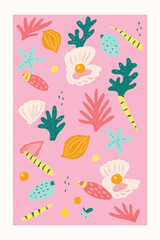 Vibrant Playful Sea-Themed Illustration on Light Pink Background Poster.eps