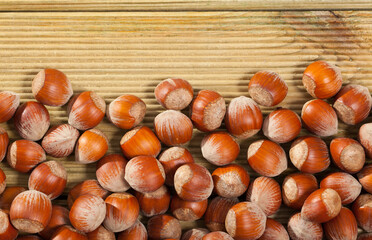 Unpeeled hazelnut on wooden surface closeup. High quality photo