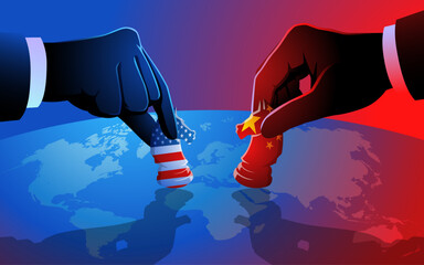 Vector illustration of a chess game between the United States and China played over a world map, symbolizing their strategic moves and competition for global influence