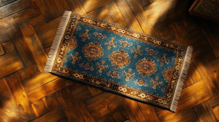 Small patterned rug on wooden floor, sunlight