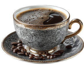 A cup of coffee with beans on a saucer with a golden rim and a patterned cup with coffee bubbles