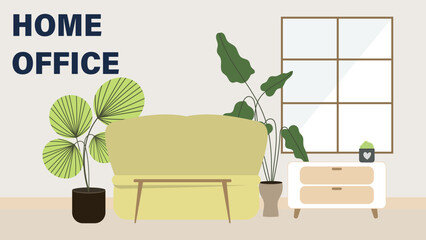 Living room with sofa and table for working, Work from home content, illustration in flat style, illustrations EPS 10