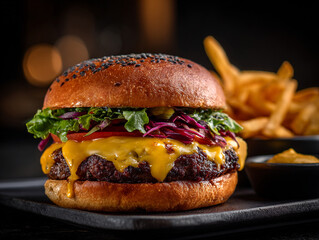 A gourmet burger with melted cheese and fresh toppings, side of fries, dark moody lighting, 85mm lens, f/2.0