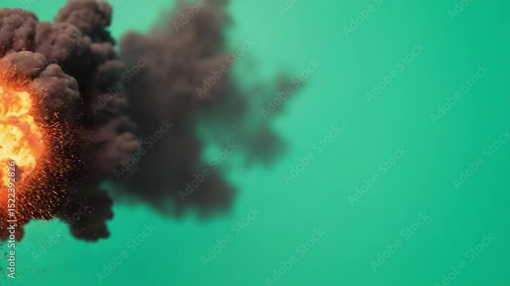 Poster stunning explosive fireball erupting on a solid color background with smoke and debris in dynamic mo