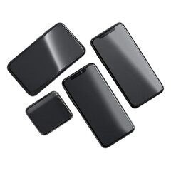 Four white smartphones arranged diagonally on a white background with a glossy and modern appearance