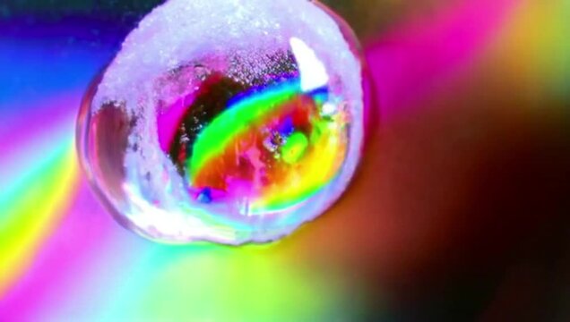 Icy Shell Rainbow Surprise. Rainbow inside a soap bubble, vibrant, showcasing colorful reflections, against dark background