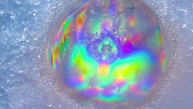 Icy Shell Rainbow Surprise. Soap bubble, iridescent, floating on snow, against white background