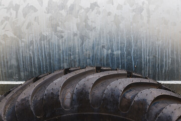 Closeup of agricultural tractor tire, farming vehicle tyre pattern