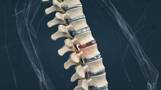 Explore the intricate details of the spinal cord featuring warm orange nerve roots and a noticeable disc bulge between L4 and L5. The subtle grid lines enhance the visual experience