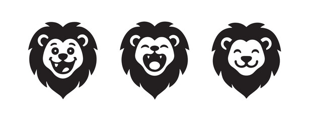 Adorable cute baby lion cub face black silhouette design icon, outline solid animal  funny logotype symbol
