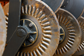 Agricultural tractor harrowing equipment, closeup