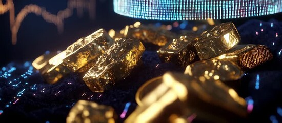 Shimmering gold bars amidst dynamic cryptocurrency chart animation - Powered by Adobe