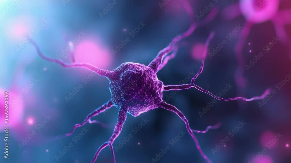 Poster neuron structure in pink hues with ethereal lighting and a blurred background representing neural co
