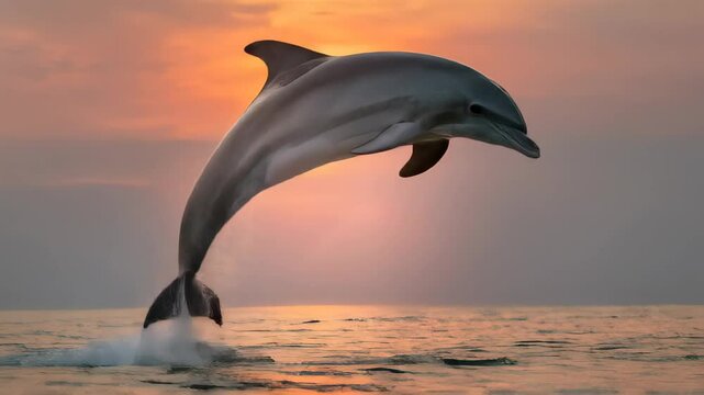 Dolphin leaps from the ocean at sunset creating a spectacular display of nature