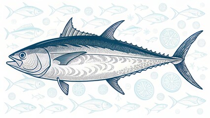 A finely hatched pen-and-ink tuna illustration, showcasing intricate texture and anatomical detail.