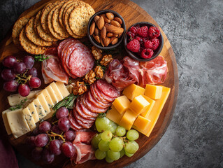 Flat lay of assorted charcuterie board with meats, cheeses and fruits