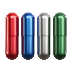 A row of four shiny metallic capsules in red blue silver and green isolated on a white background