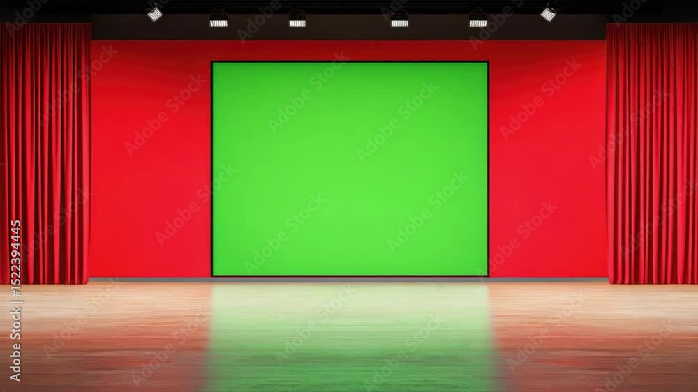 Poster bright green backdrop in studio setting with red curtains and smooth floor for photography and video