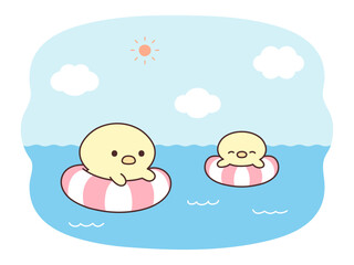 よく晴れた日に浮き輪をつけて海水浴を楽しむ可愛いひよこ達のイラスト © Nitomaru