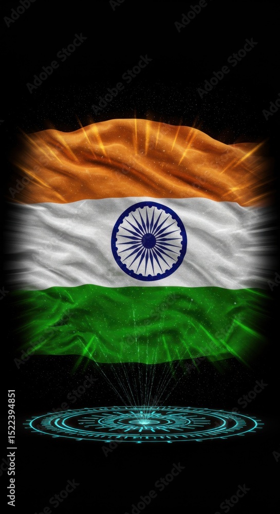 Poster india flag waving majestically with glowing effect and futuristic circular base design
