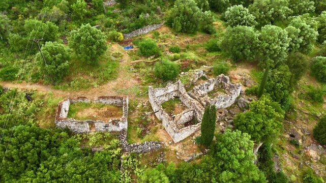 Aerial drone view Palace of Odysseus on Ithaca Island Greece ancient ruins School of Homer