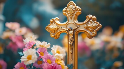 Golden Crucifix Surrounded by Colorful Flowers in Soft Focus Background