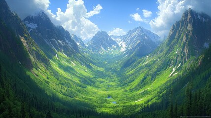 Obraz premium Lush valley between snow-capped mountains under a bright sky