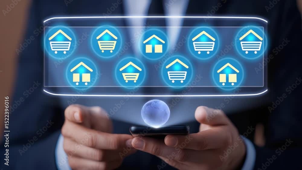 Poster user interacting with smartphone displaying digital buttons for order management and navigation feat