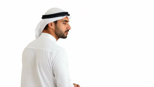 Middle eastern male in traditional attire with keffiyeh from behind