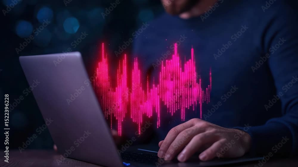 Poster man working on laptop with digital sound waves visualization representing audio technology and creat