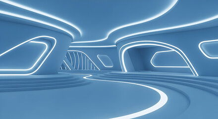 Dynamic 3D illustration of a minimalist automotive showroom with sleek glass structures clean lines and ambient lighting for premium vehicle displays