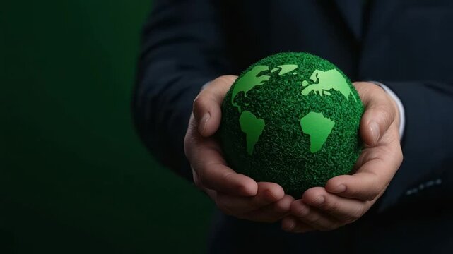 Green Earth Globe on Oval Shaped Eco-Friendly Egg Held by Hands Emphasizing Environmental Awareness and Sustainability