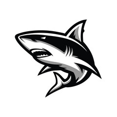 Black and White Shark Mascot Design with Sharp Teeth and Angry Expression on White