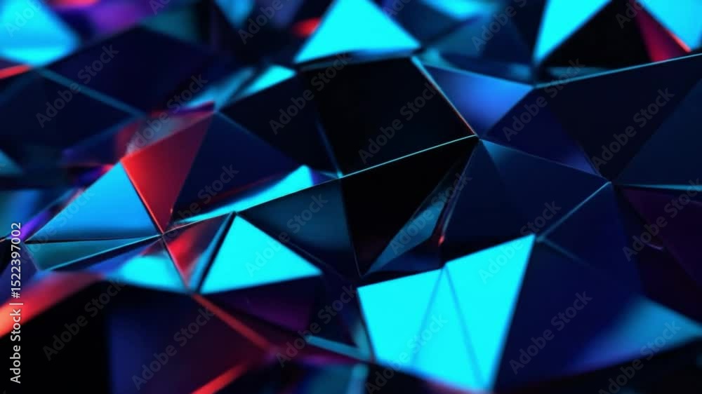 Poster a futuristic abstract background with a dynamic, low-poly surface made of sharp triangles, glowing w