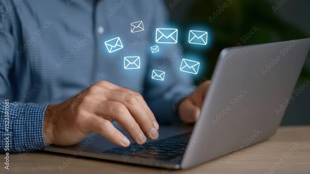 Poster close-up of a hand typing on a laptop keyboard with floating email icons representing communication 