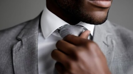 Black businessman in a suit adjusting his tie. Stylish and confident moment in a professional setting.

